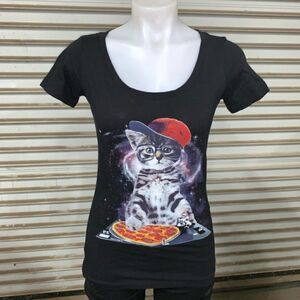 A.Lab black T with DJ cat spinning a pizza
